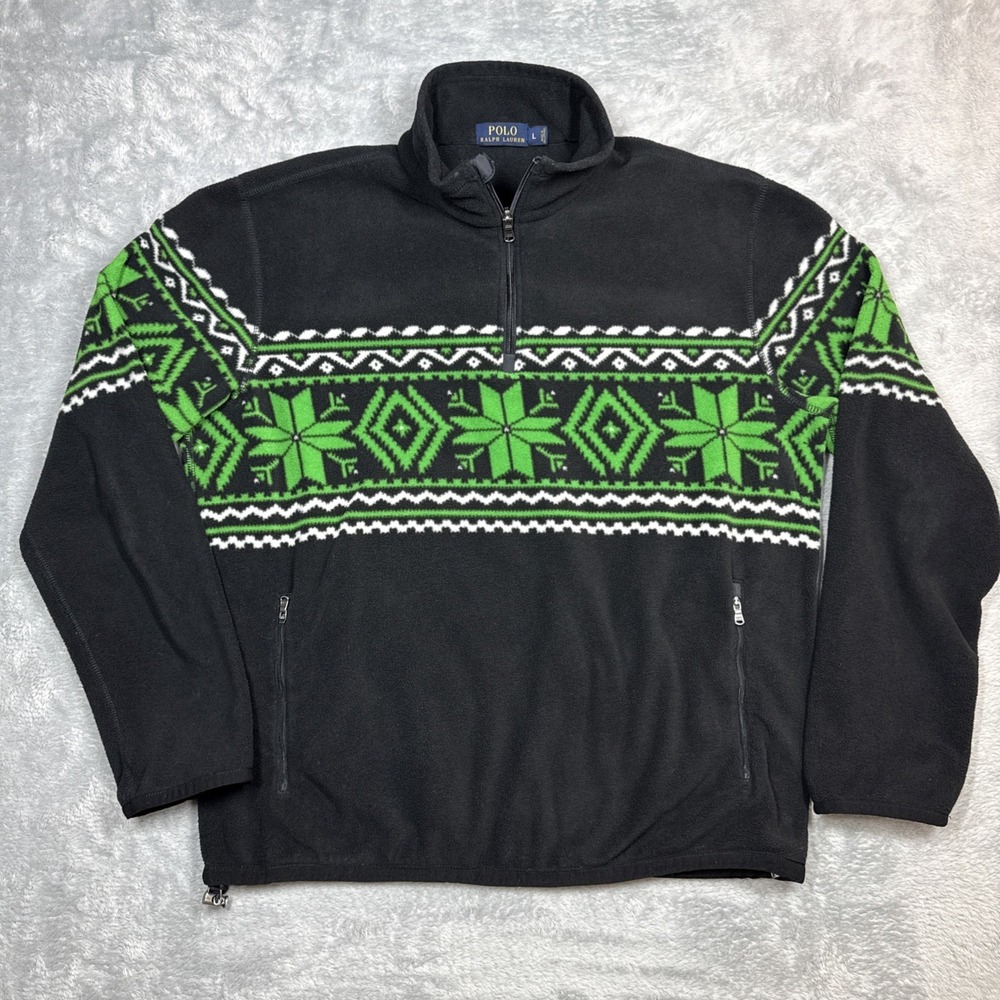 Polo Ralph Lauren Fleece Pullover Men L Black Aztec Fair Isle‎ 1/4 Zip REPAIR